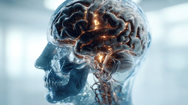 National Multiple Personality Day:3D medical CGI of the human brain inside a transparent head silhouette, multiple subtle neural activation patterns coexisting