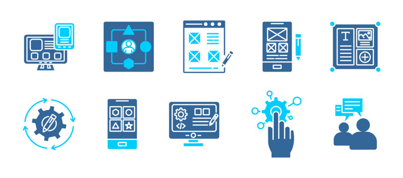 UI / UX icon set collection. Icon pack contain User interface, User experience, Wireframe, Prototype, Layout, Design system, Web design, Usability testing. dual tone vector.