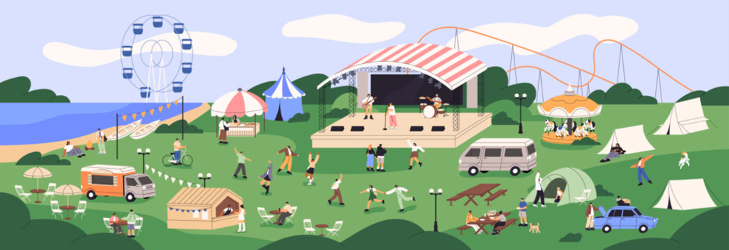Open air concert in amusement park. Landscape with music festival: musicians on stage, crowd, food trucks, camp. Happy people have fun outdoors, dance in event in nature. Flat vector illustration.