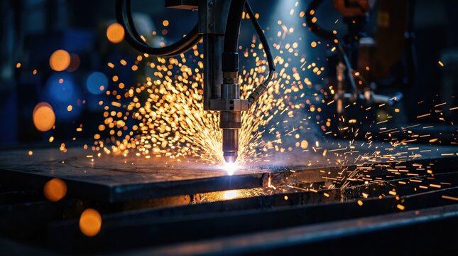 High precision automated plasma cutter machine is intensely cutting thick metal in a dark factory generating dramatic sparks for heavy manufacturing concept.