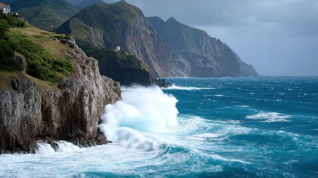 Rugged coast waves crashing tall cliffs mountain backdrop two buildings on cliffs