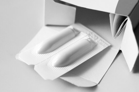 Rectal suppositories for the treatment of hemorrhoids, black and white image