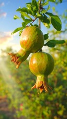 Obraz premium Unripe Pomegranates Hanging on a Branch in the Orchard.