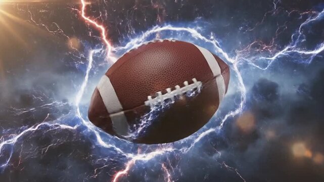 American football surrounded by lightning in a dramatic sky with dark clouds and a burst of light