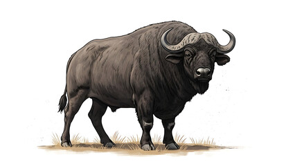 Obraz premium African buffalo drawing illustration powerful mammal standing in savanna sketch style detailed texture artwork showing strength and wild nature