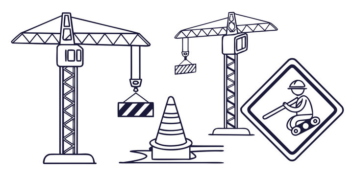 Construction site with cranes, traffic cones, and safety signs