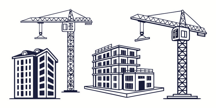 Three cranes towering over a construction site with partially built buildings.