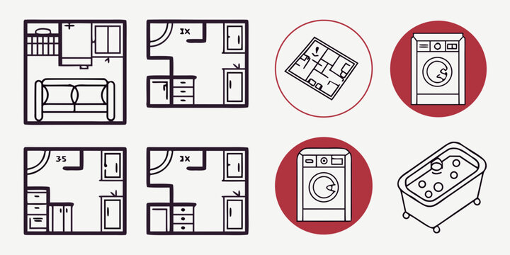 A collection of floor plans and icons representing various building features and amenities.