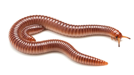 Close up of earthworm segmented body curled up on white background showing its segmented body and small antennae on its head