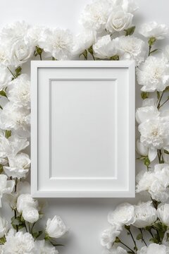 Elegant white floral memorial announcement background with empty frame soft light and calm neutral tones