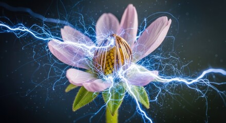 Obraz premium A pink flower surrounded by electric blue lightning, capturing the intense energy of nature's power from a close-up viewpoint