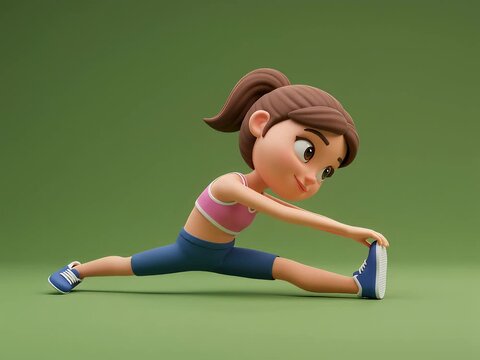Young woman doing exercise cartoon stretch in a dynamic split stance on a green floor 3D illustration