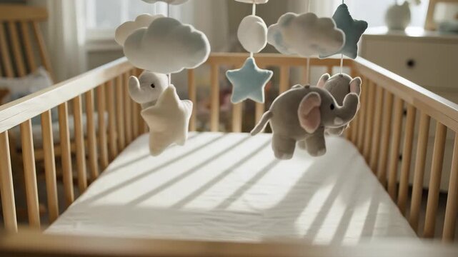 Wooden Baby Crib with Mobile Featuring Elephants and Stars in a Bright Room.