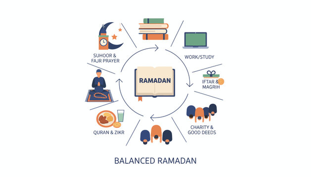 A balanced Ramadan lifestyle illustration featuring prayer, Quran, and work-study elements in a circular diagram with various icons representing daily activities and practices.