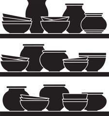 Black silhouette of ceramic pots and bowls on shelves.