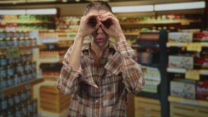 Woman in plaid shirt forms hand binoculars to eyes while smiling in building supermarket aisle among grocery shelves; playful curiosity.