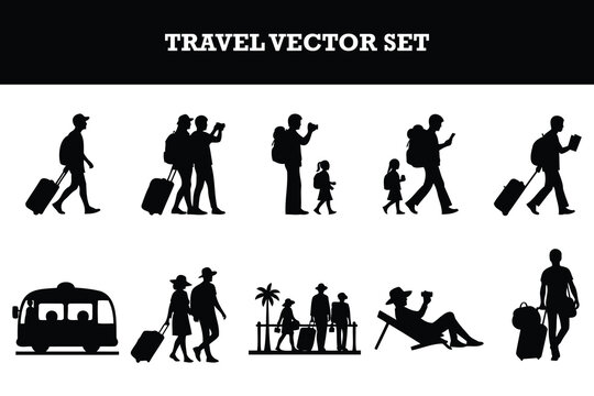 Travelthemed vector silhouette set showcasing various vacation and journey activities with people and luggage isolated