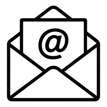 email envelope icon with at symbol in outline style isolated on white background for communication contact message and mail concept