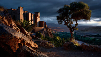 morocco desert landscape, atlas mountains panorama, oasis and dunes view