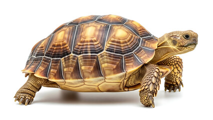 Obraz premium Large brown tortoise with textured shell walking slowly on white background showing detailed legs and neck in clear studio lighting for nature study