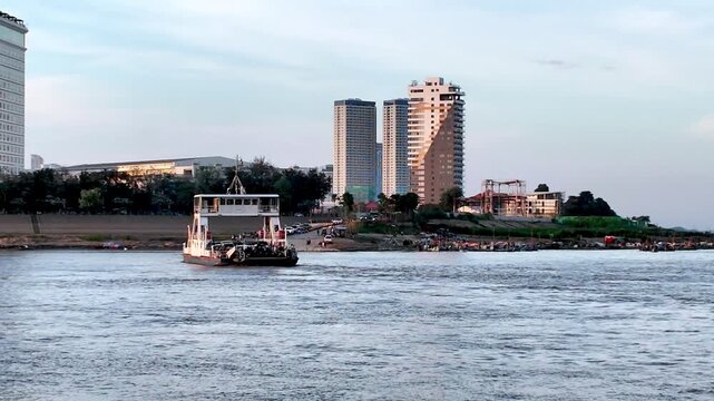 Crossing the Mekong by car ferry, Phnom Penh, Cambodia