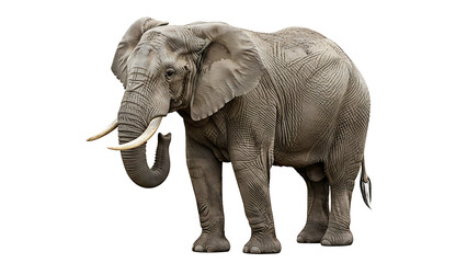Obraz premium Large african elephant bull standing proud showing impressive ivory tusks isolated against pure white background studio photograph wildlife creature