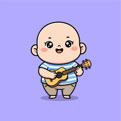 Obraz premium Cute happy baby playing ukulele cartoon illustration