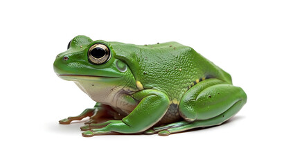 Obraz premium Vibrant green tree frog posing still against white studio background with simple composition and soft light