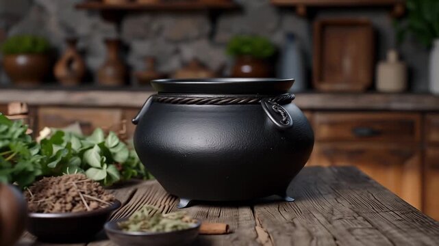 Black cast iron cauldron on rustic wooden table with herbs and spices, traditional cooking pot in cozy kitchen setting