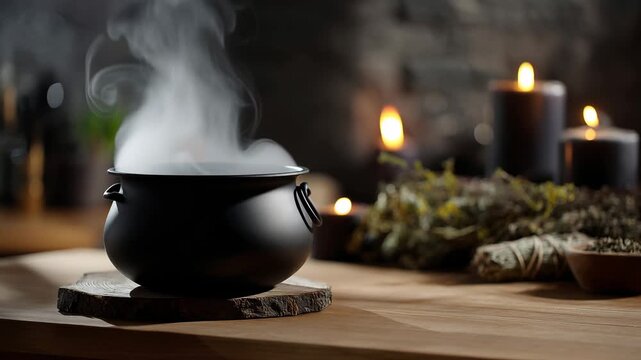 Steaming potion in black cauldron with burning candles and herbs on wooden table, mystical witchcraft and magical ritual atmosphere