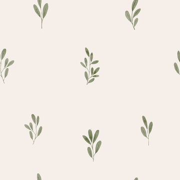 Minimal seamless botanical pattern with watercolor leaves on a soft neutral background. Simple nature design for nursery decor and modern textiles.