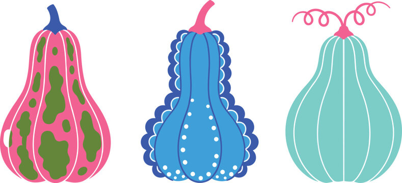 Vibrant Stylized Autumn Gourd and Pumpkin Vector Illustration Set in Pink Blue and Teal Colors for Modern Thanksgiving Seasonal Decor