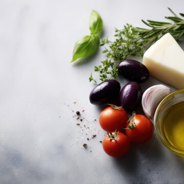 Balanced flexitarian Mediterranean diet ingredients, healthy lifestyle background