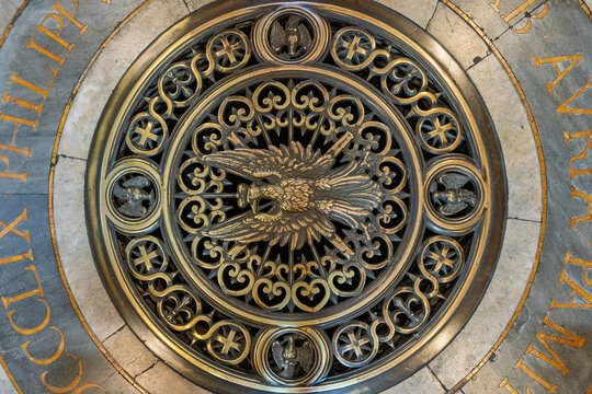 Italy - Rome - Sant Agnese in Agone - Golden Pamphilj eagle emblem gleams on intricate marble floor with inscription
