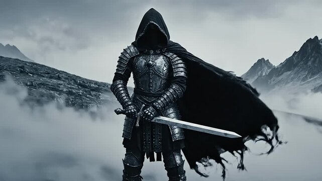 Epic 8K Video of a Mysterious Knight with Silver Sword and Flowing Cloak in Fog
