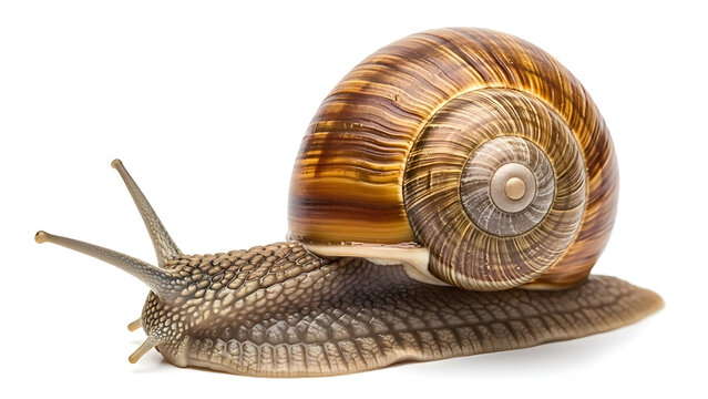 Common garden snail terrestrial pulmonate gastropod mollusk crawling slowly showing ribbed shell isolated against clean white studio background