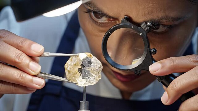 Gemologist Inspecting Large Rough Diamond with Magnifying Glass