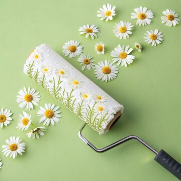 Green paint roller and paint brush decorated with yellow daisies in a bright spring garden design