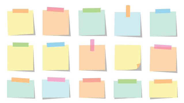 Collection of fifteen pastel colored square sticky notes each with a piece of colorful tape on a white background.