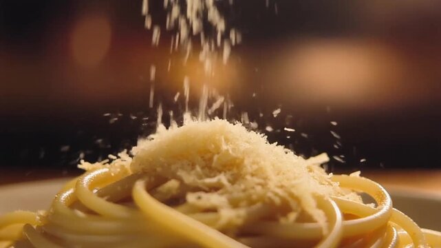 A mouthwatering plate of spaghetti with grated cheese being sprinkled on top