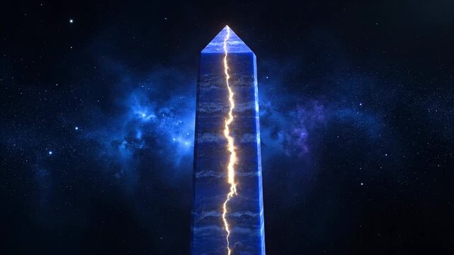 Futuristic blue glowing monolith floating in deep cosmic space with nebulae and stars, symbolizing mystery, advanced alien technology, and sci-fi wonder video footage