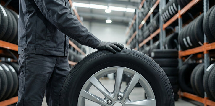 Automotive warehouse worker in grey uniform holding new car tire with alloy rim in a tire storage distribution facility.