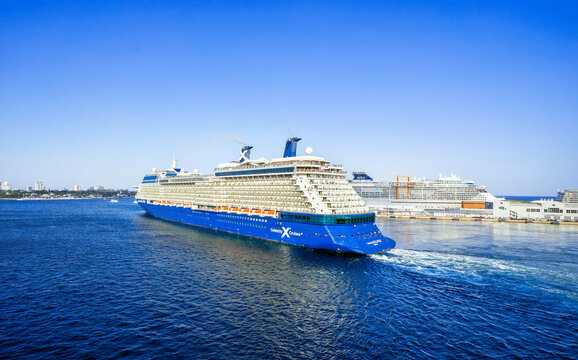 Fort Lauderdale, USA - March 08, 2025: Cruise ships Celebrity Eclipce sailing from port Fort Lauderdale a sunny day. The port is a popular Caribbean cruise destination
