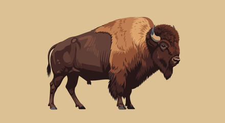 Illustration of a standing American bison with detailed fur and horns on a beige background. © nazron