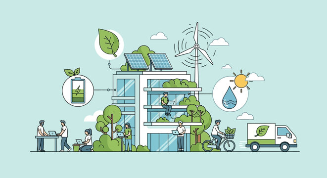 Sustainable urban living concept with green building and renewable energy.