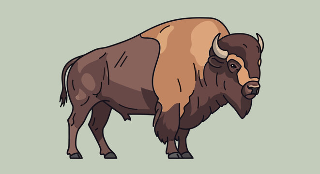 Illustration of a standing American bison with detailed fur and muscular build.