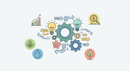 Obraz premium Conceptual illustration of sustainable energy and environmental innovation with gears and light bulbs.