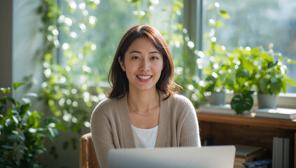 グリーンの多い窓辺のサテライトで笑顔のテレワークを行う女性