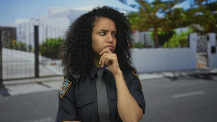 Hispanic woman police officer in uniform extends both hands outward with puzzled expression on...
