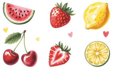 Fototapeta premium Fresh watermelon, strawberry, cherry, and citrus fruits collection. Juicy seasonal fruits illustrated in soft watercolor tones.